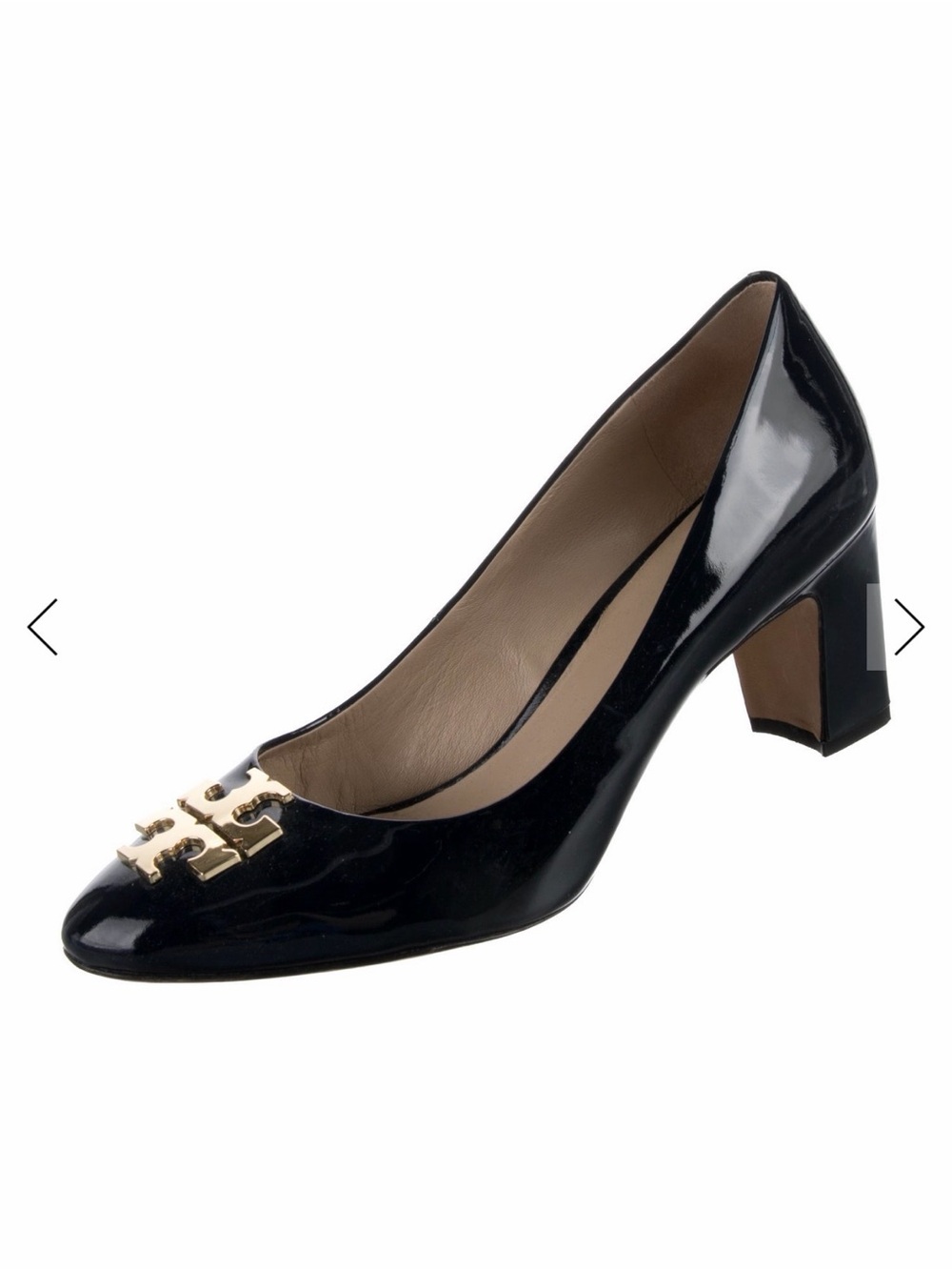 Tory Burch Black Patent Leather Block Heel Pump with Gold Logo